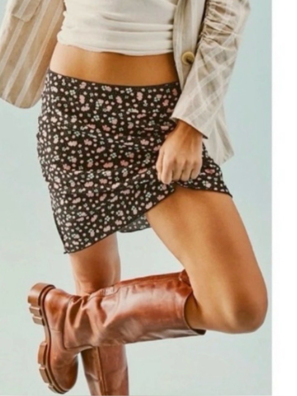 Free People Black Mini Skirt with Pink and Cream Floral Dots